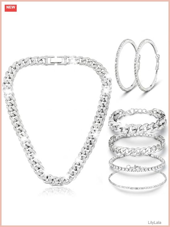 Jewelry - Cuban Link Rhinestone Jewelry Set Necklace Bracelets Hoop Earrings 6 Pc